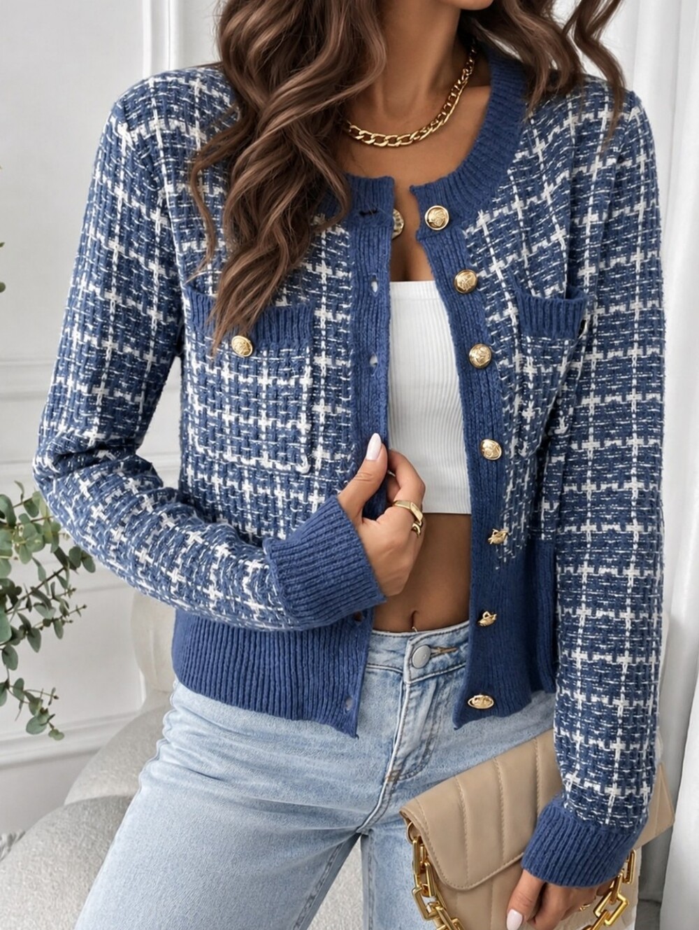 New Plaid Tweed Knit Cardigan Sweater Long Sleeve Blue White